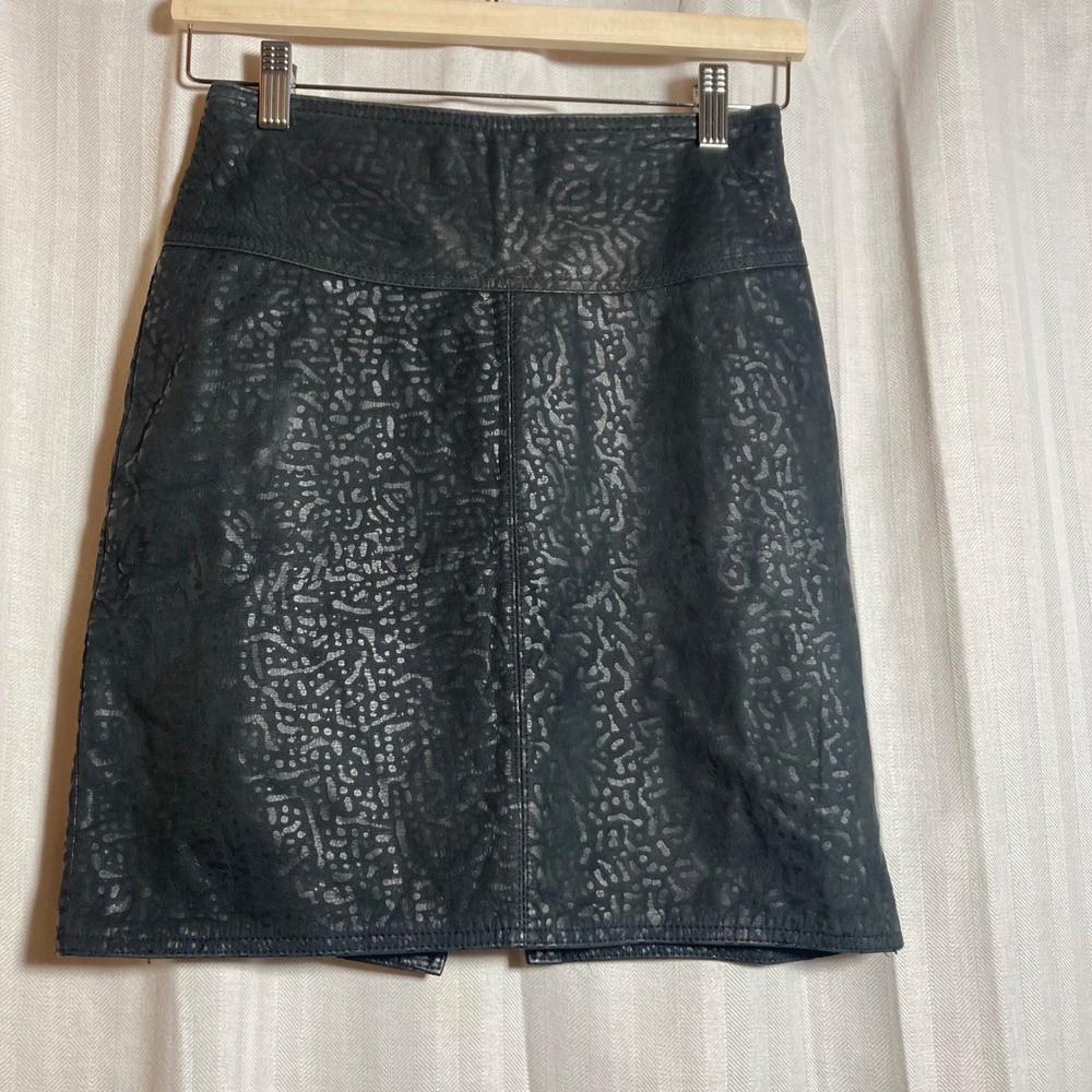 Winlit Vintage Black Genuine Leather Abstract Textured Mini Skirt High Waist 90s